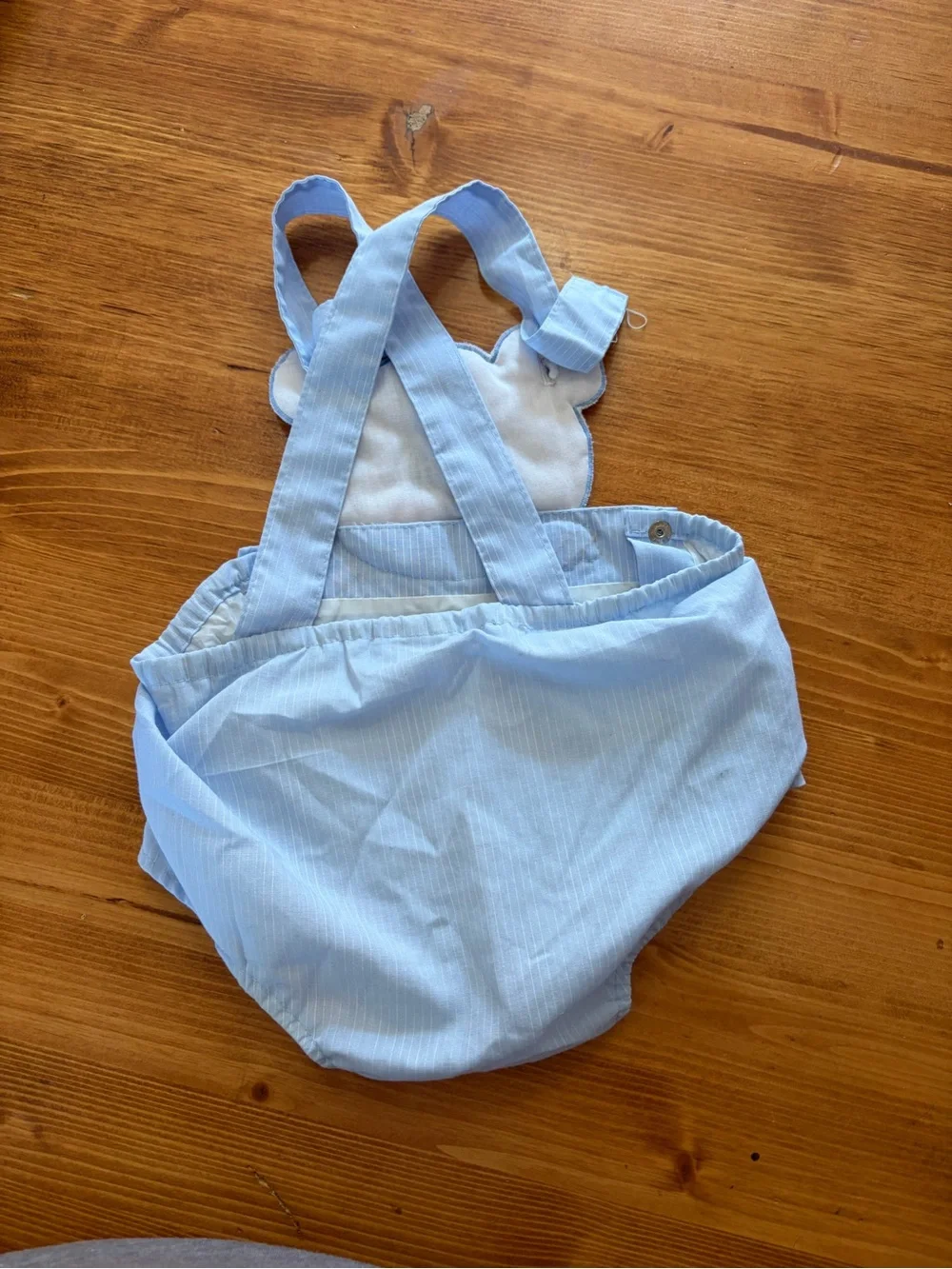 Vintage Baby Romper Sz 3-6 Months Blue Embroidered Teddy Bear Plastic Lined Drum